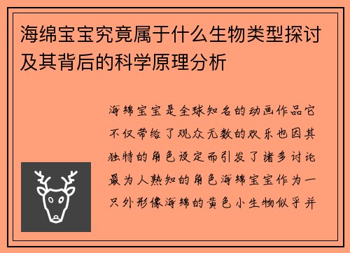 海绵宝宝究竟属于什么生物类型探讨及其背后的科学原理分析